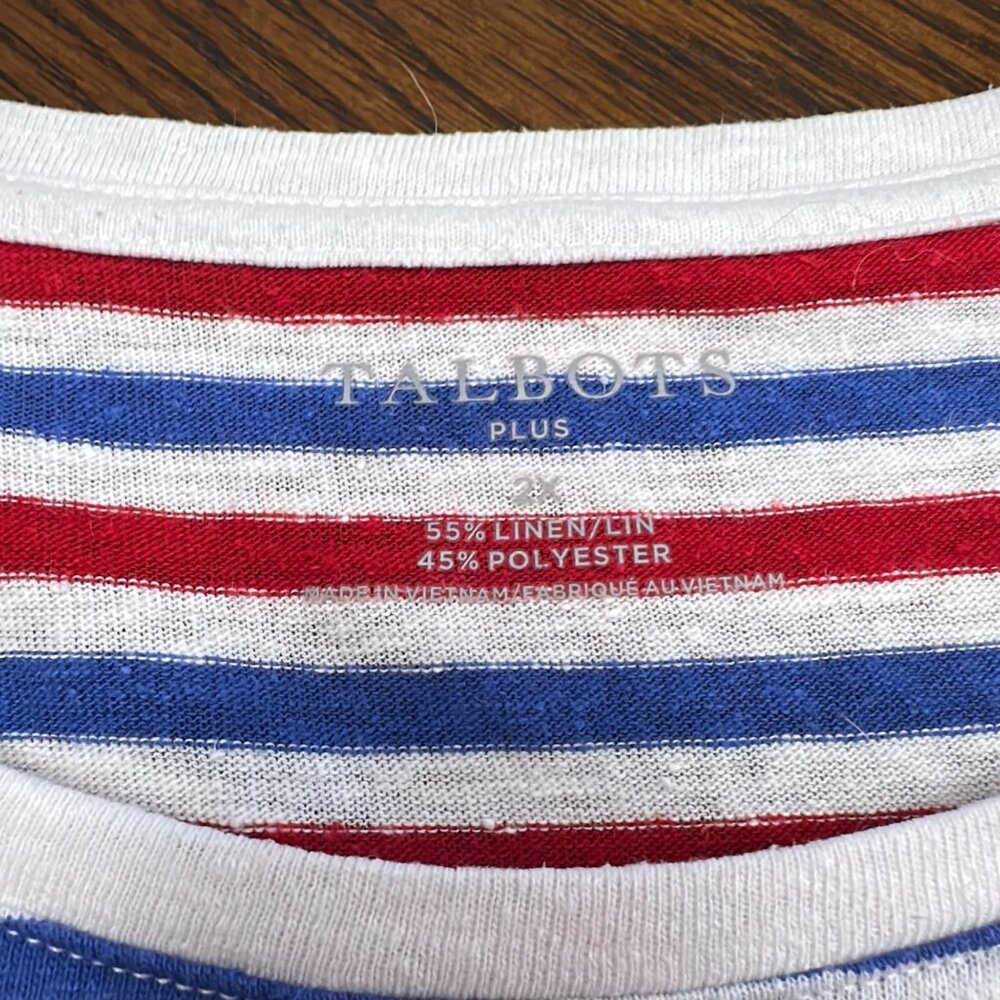 Talbots Shirt Size 2X Red White Blue Patriotic USA Linen Blend Stripe Top Tee - Picture 3 of 10